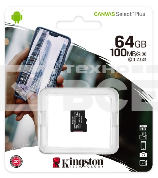 Флеш карта microSDHC 64GB microSDXC Class10 Kingston <SDCS2/64GBSP> Class10 UHS-I Canvas Select up to 100MB/s