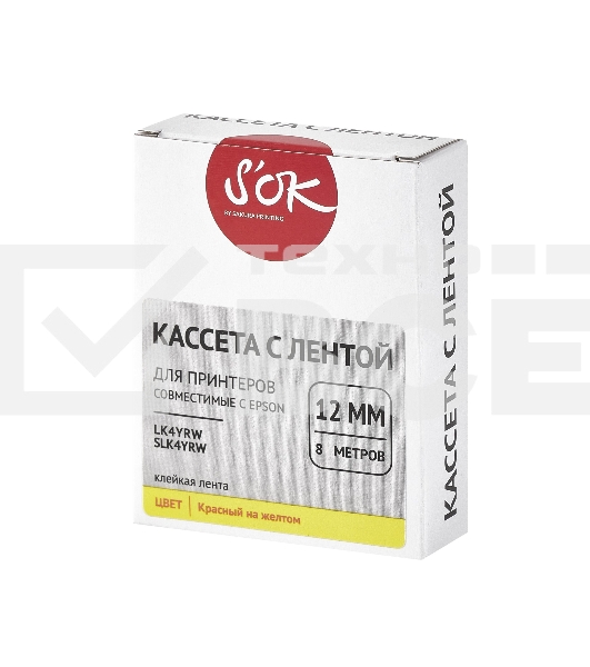 Кассета с лентой S'OK by Sakura Printing K4YRW для Epson, красный на желтом, 12мм/8м