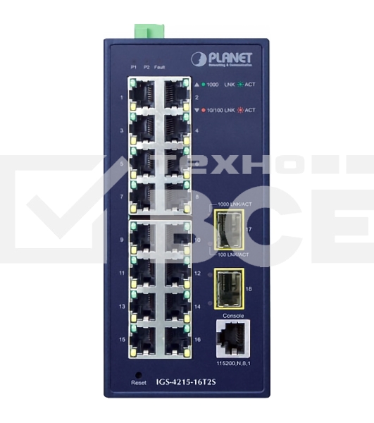 Коммутатор PLANET IGS-4215-16T2S IP30 Industrial L2/L4 16-Port 10/100/1000T + 2-Port 100/1000X SFP Managed Switch (-40~75 degrees C, dual redundant power input on 12~48VDC/24VAC terminal block)