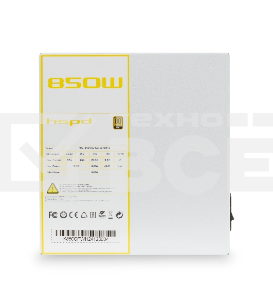 Блок питания HSPD, 850W 80 PLUS  Gold (ATX, 3.1, PCIe 5.1, Full modular, 1x24(20+4)pin mesh 550mm, 2xCPU 8(4+4)pin 700mm, 2xPCIe*2 8(6+2)pin 600+150mm, 1x12VHPWR PCIe 5.1 12+4pin 600W 600mm, 3xSATA*3 450+150+150mm, 1xMOLEX4pin*3 450+150+150mm , Active, 12