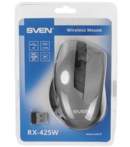 Мышь беспроводная SVEN RX-425W серый, 1600 dpi, радиоканал, USB, кнопки - 6