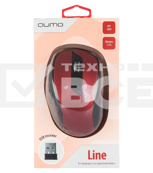 Мышь беспроводная Qumo Office Line M62 красный, 1600 dpi, радиоканал, USB, кнопки - 6