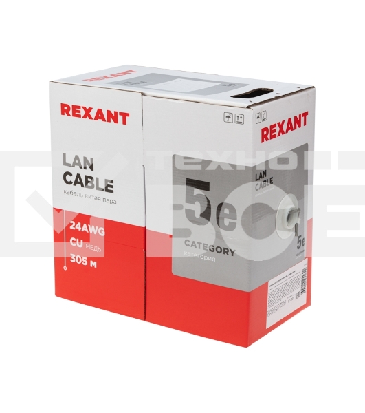 Кабель витая пара Rexant U/UTP, категория 5e, ZH нг(А)-HF, 4PR, 24AWG, внутренний, серый, 305 м
