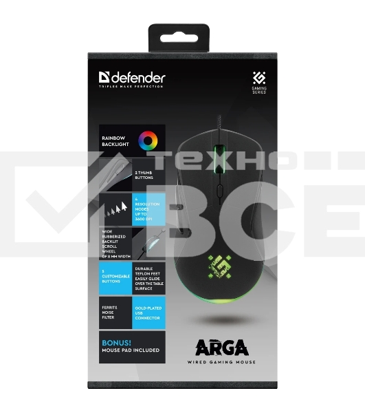 Мышь проводная Defender Arga GM-049 черный, 3600 dpi, USB, кнопки - 6
