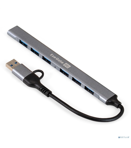 USB-концентратор 7-в-1 ExeGate DUB-761C3 (кабель-адаптер USB Type-A + Type-C --> 6xUSB2.0, 1xUSB3.0, Plug&Play, серебристый)