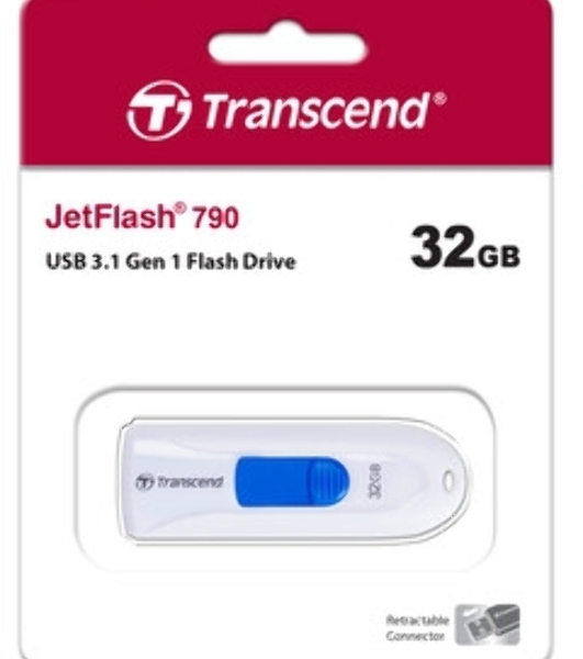 Флешка USB Transcend JetFlash 790 (TS32GJF790W), 32Gb, USB 3.0, R/W 90/40, белый/синий