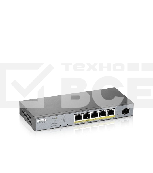 Коммутатор Zyxel GS1350-6HP, 4xGE PoE+, 1xGE PoE++ (802.3bt), 1xSFP, бюджет PoE 60 Вт, дальность передачи питания до 250 м, автоперезагрузка PoE-портов, повышенная защита от перенапряжений и электростатических р