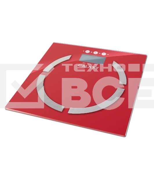 Весы многофункциональные Galaxy GL 4851, красный, электронные, эл. пит. «CR2032» в компл., макс вес 180 кг, сверхточ. элек. сенс. сист., ЖК-дисплей, авто. откл., индик. перег. и низ. зар., пам. изм. веса (10 чел.), опр. ур. жир., мышеч., кост. массы
