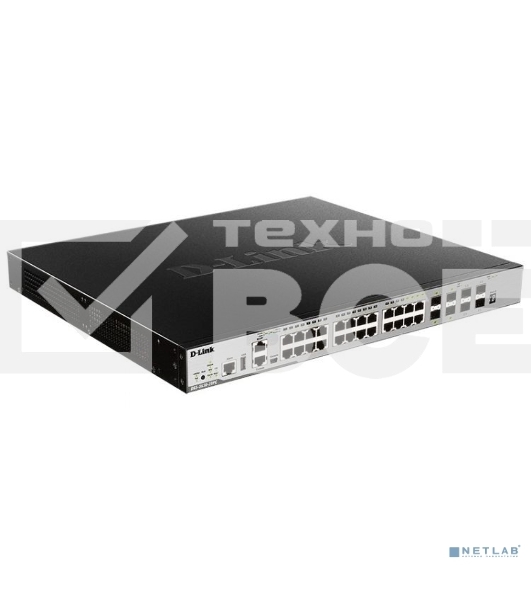 Коммутатор Managed L3 Stackable Switch 20x1000Base-T PoE, 4x10GBase-X SFP+, 4xCombo 1000Base-T PoE/SFP, PoE Budget 370W (740W with DPS-700), Surge 6KV, CLI, 1000Base-T Management, RJ45 Console, mini-USB Console, USB, RPS, Alarm RJ-45, Dying Gasp, Standard