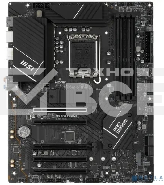 Материнская плата MSI PRO B760-P DDR4 II, LGA 1700, Intel B760, 4xDDR4, 4xSATA, 2xM.2, 1xPCIe 4.0 x16, 1xPCIe 4.0 x4, 3xPCIe 3.0 x1, 1xHDMI, 1xDP, 1x 2.5Gb LAN, 2xUSB-A 2.0, 2xUSB-A 3.2 Gen 1, 1xUSB-C 3.2 Gen 2, 5x3.5 мм, 7.1, ATX