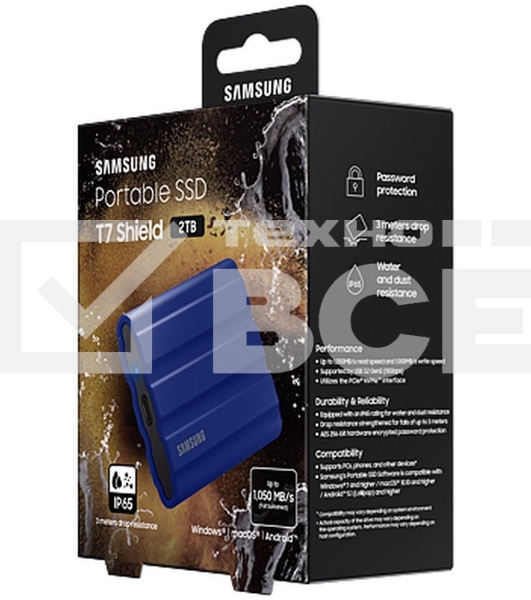 Накопитель  Samsung External SSD T7 Shield, 2TB, Type C-to-C/A, USB 3.2 Gen2, R/W 1050/1000MB/s, IP65, 88x59x13mm, 98g, Blue (12 мес.)