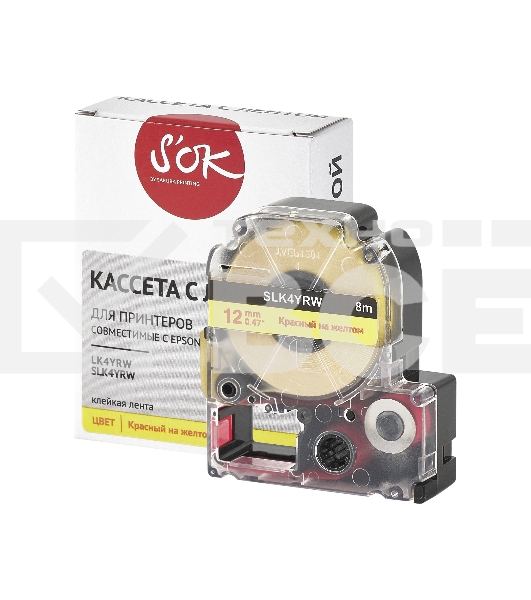 Кассета с лентой S'OK by Sakura Printing K4YRW для Epson, красный на желтом, 12мм/8м