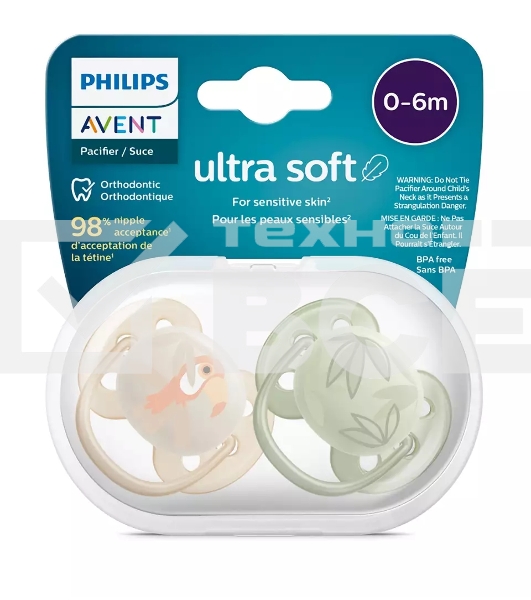 Пустышка ultra soft, попугай/листочки, 0-6 мес., 2 шт.