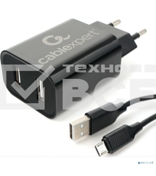 Адаптер питания Cablexpert MP3A-PC-35 USB 2 порта, 2.4A, черный + кабель 1м micro