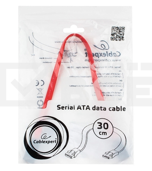 Кабель интерфейсный SATAIII Cablexpert CC-SATAM-DATA-0.3M, 30см, 7pin/7pin, защелка, пакет