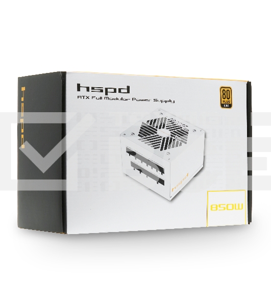 Блок питания HSPD, 850W 80 PLUS  Gold (ATX, 3.1, PCIe 5.1, Full modular, 1x24(20+4)pin mesh 550mm, 2xCPU 8(4+4)pin 700mm, 2xPCIe*2 8(6+2)pin 600+150mm, 1x12VHPWR PCIe 5.1 12+4pin 600W 600mm, 3xSATA*3 450+150+150mm, 1xMOLEX4pin*3 450+150+150mm , Active, 12