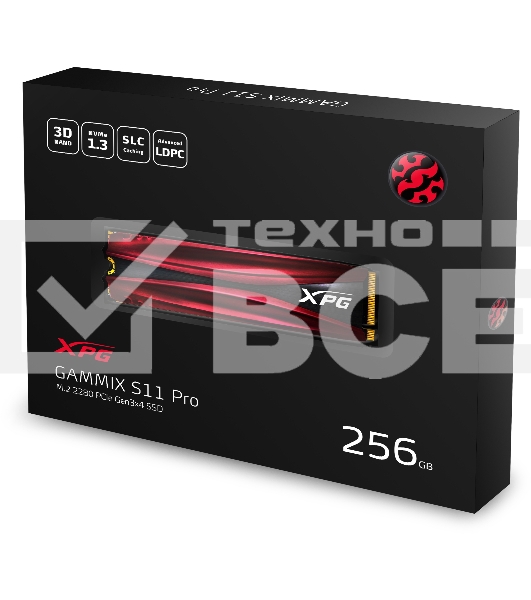 Накопитель SSD ADATA XPG GAMMIX S11 Pro, 256Gb, PCIe 3.0 x4, M.2 2280, NVMe, R/W 3500/1200, с радиатором