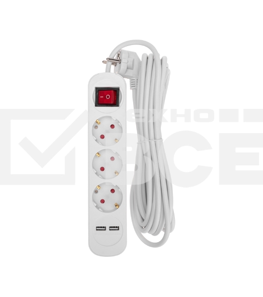 Удлинитель STANDARD 3 гнезда, 5м, 3х1,0мм², с/з, с выключателем, 2 USB, белый Rexant