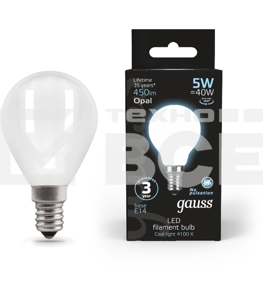 Лампа светодиодная Filament Шар E14 5Вт 4100К OPAL GAUSS 105201205