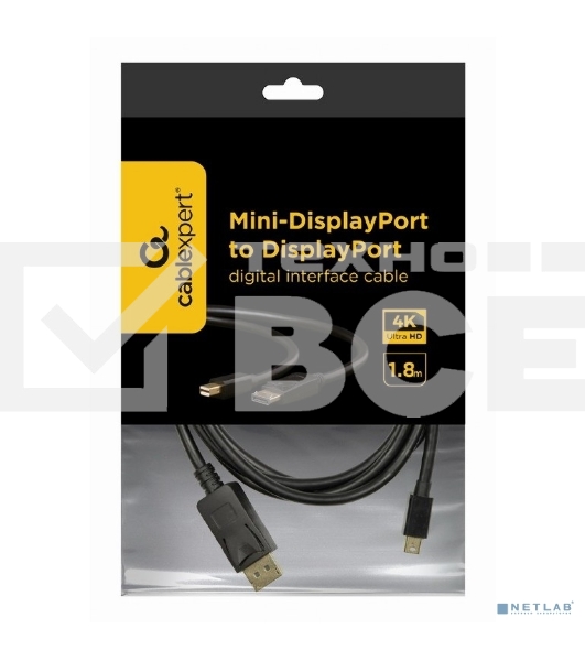 Кабель miniDP<->DP Cablexpert CCP-mDP2-6 , 20M/20M, v.1.2, 4K, 1.8м, черный, позол.разъемы, пакет