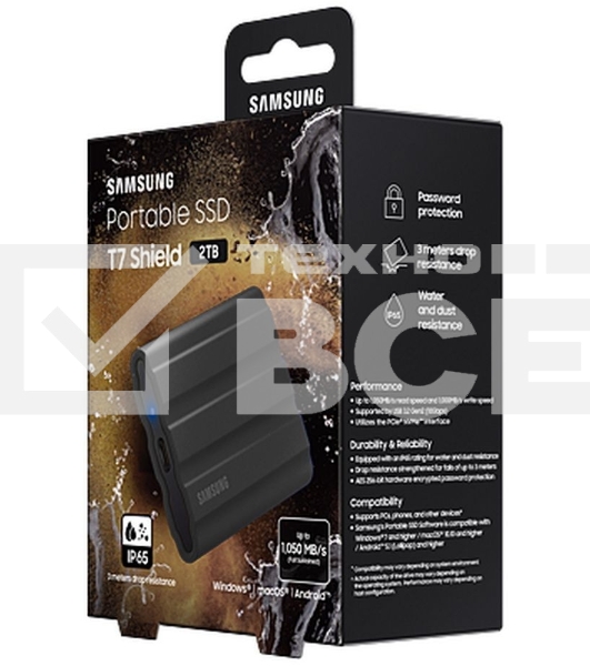 Твердотельный диск 2TB Samsung T7 Shield MU-PE2T0S/WW , V-NAND, USB 3.2 Gen 2 Type-C  [R/W - 1000/1050 MB/s]/EU