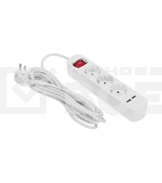 Удлинитель STANDARD 3 гнезда, 5м, 3х1,0мм², с/з, с выключателем, 2 USB, белый Rexant