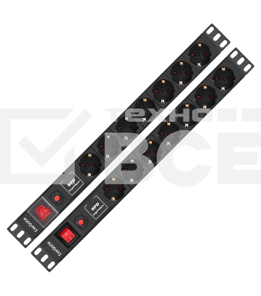Блок розеток с сетевым фильтром (Surge Protect), защитой от перегрузки и разъемом подключения C14 ExeGate ServerPro PDU-19H702 Al-7S-C14-SW-O-SPD1 (19', 1U, Алюминий, 7 Schuko, C14, защита от перегрузки, SPD1, черный, RTL)