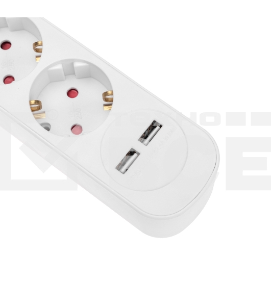 Удлинитель STANDARD 3 гнезда, 5м, 3х1,0мм², с/з, с выключателем, 2 USB, белый Rexant