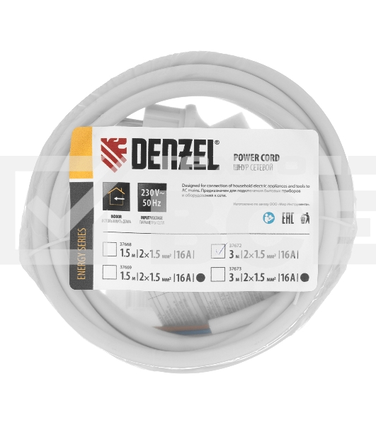 Шнур сетевой Energy Series, ПВС, 3 м, 2х1,5 мм, с неразборной вилкой, белый Denzel