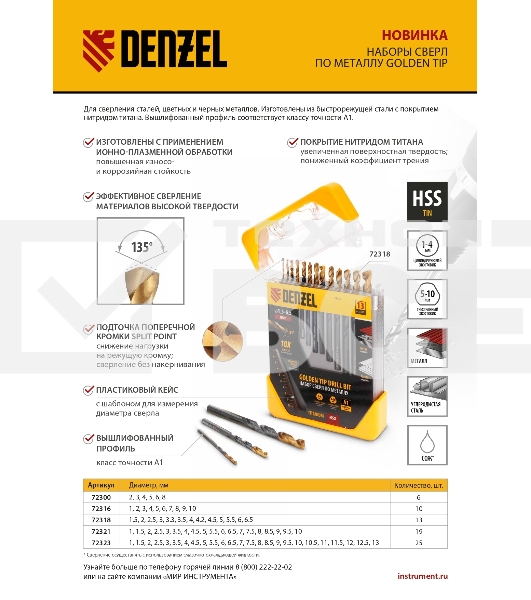 Набор сверл по металлу, 1-10 мм, HSS-Tin, Golden Tip, 19 шт  Denzel