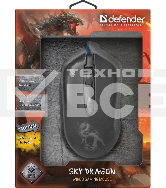 Мышь проводная Defender Sky Dragon GM-090L черный, 3200 dpi, USB, кнопки - 6