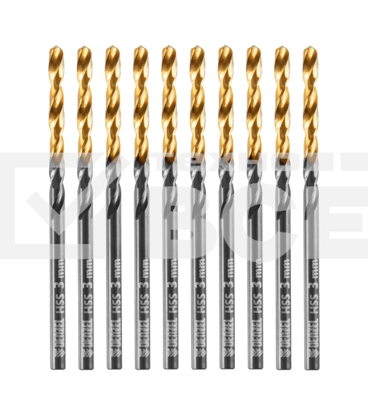 Сверло по металлу, 3 мм, HSS-Tin, Golden Tip, 10 шт. Denzel
