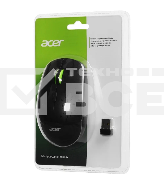 Мышь беспроводная Acer OMR307 черный, 1600 dpi, радиоканал, USB, кнопки - 4