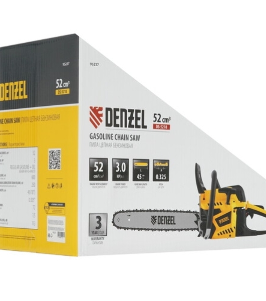 Пила цепная бензиновая Denzel DS-5218, шина 45 см, 52см3, 3 л.с., шаг 0,325, паз 1,5 мм, 72 зв