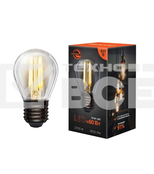 Лампа светодиодная филаментная Rexant Шарик GL45 7.5 Вт 600 Лм 2700K E27 диммируемая, прозрачная колба