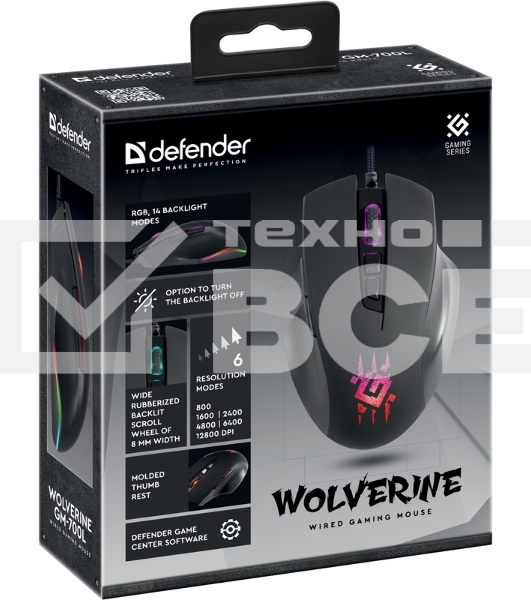 Мышь проводная Defender Wolverine GM-700L черный, 12800 dpi, USB, кнопки - 7