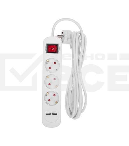 Удлинитель STANDARD 3 гнезда, 3м, 3х1,0мм², с/з, с выключателем, 2 USB, белый Rexant