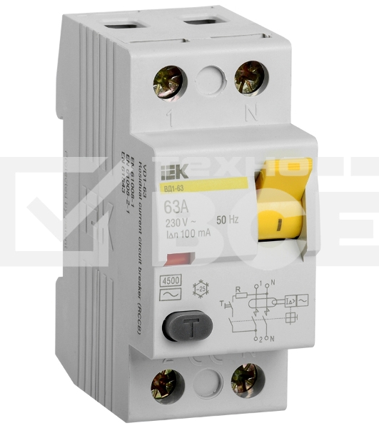 Выключатель дифференциального тока (УЗО) Iek MDV10-2-063-100 ВД1-63 2Р 63А 100мА ИЭК