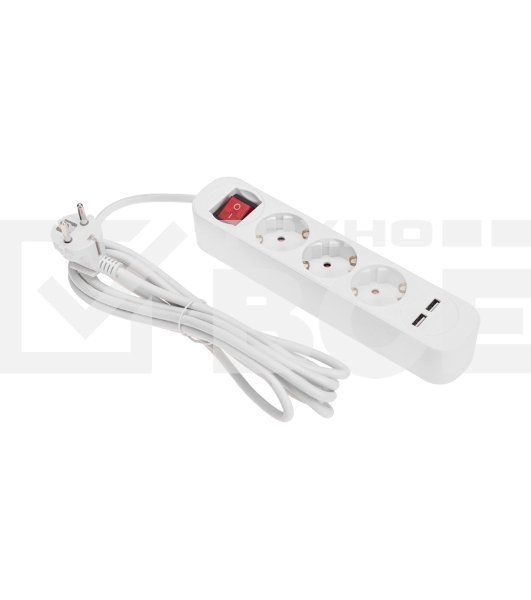 Удлинитель STANDARD 3 гнезда, 3м, 3х1,0мм², с/з, с выключателем, 2 USB, белый Rexant