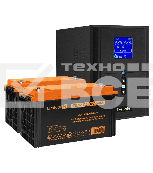 Комплект Источник бесперебойного питания EX295989RUS + батарея 120Aч EX285657RUS 2шт ExeGate SineTower SZ-2000.LCD.AVR.3SH.1C13.USB + батарея ExeGate HRL 12-120 (12В, 120Ач) 2шт