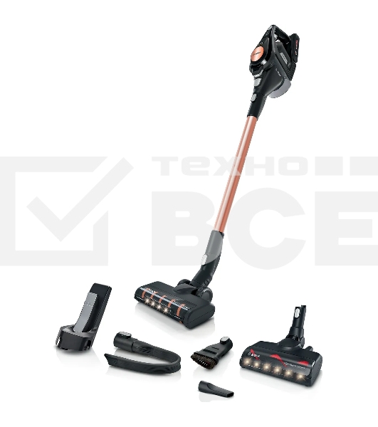 Пылесос вертикальный Bosch BCS8214PRQ, черный, питание от аккумулятора, 500 Вт, уборка сухая, пылесборник 0.4 л, работа от АКБ max 65 мин.