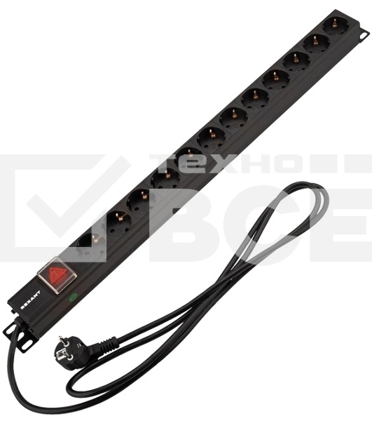 Блок распределения питания Rexant для 19' шкафов, вертикальный, 12 розеток СЕЕ 7/4, 16A, выкл, алюм корп, шнур 2м, вилка СЕЕ 7/7