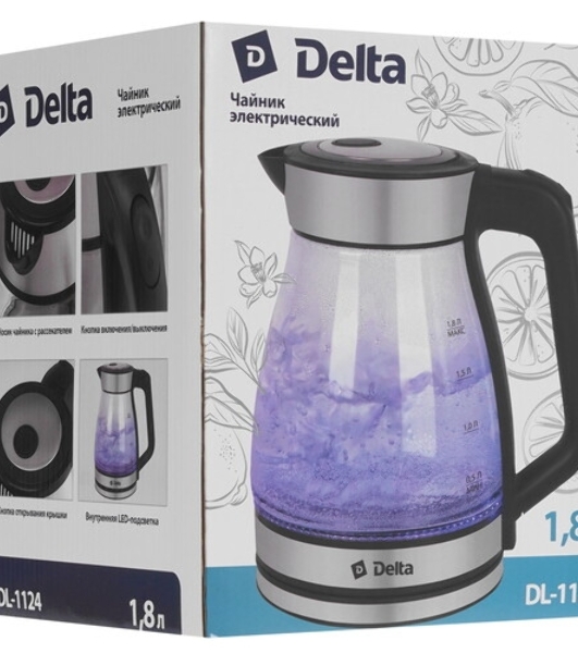 Чайник электрический DELTA DL-1124 корпус из жаропр. стекла, 1500Вт, 1,8л, черный (12)