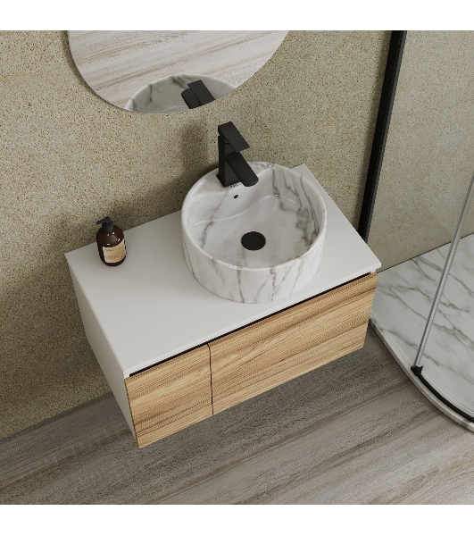 Комплект: тумба Bau Dream Blackwood 80, Раковина круглая накладная BAU Element D41, мрамор, смеситель Hotel Black, черный матовый, выпуск клик клак черный