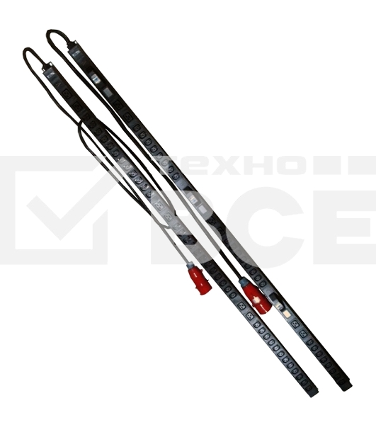 Вертикальный блок розеток, 3-фазный, 6xC19 + 24xC13, автомат и A/V-метр, 380V, 32A, шнур 2 м, IEC309