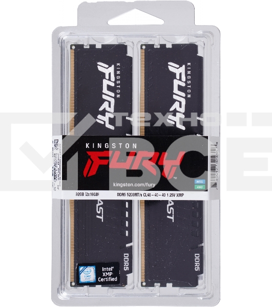 Оперативная память Kingston Fury Beast, DDR5, 32GB (2x16GB), 5200MHz, CL40, DIMM, радиатор, чёрный