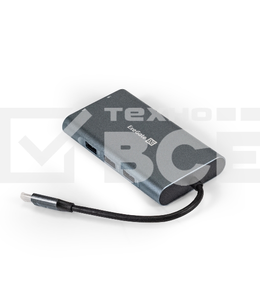 Док-станция ExeGate EX293985RUS DUB-31C/MAX (кабель-адаптер USB Type-C --> 3xUSB3.0 + Card Reader + PD 100W + HDMI 4K@30Hz + VGA + Audio + Lan RJ45 10/100/1000Mb, Plug&Play, серый)