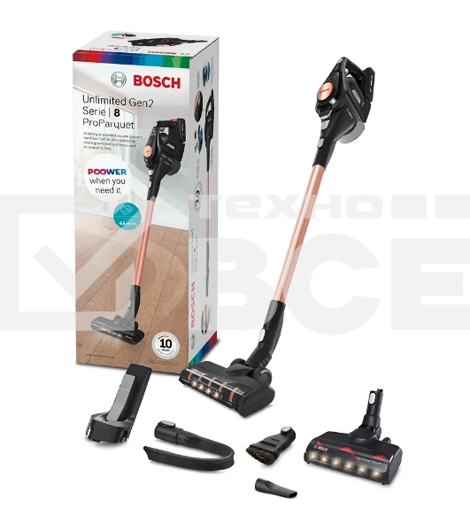 Пылесос вертикальный Bosch BCS8214PRQ, черный, питание от аккумулятора, 500 Вт, уборка сухая, пылесборник 0.4 л, работа от АКБ max 65 мин.