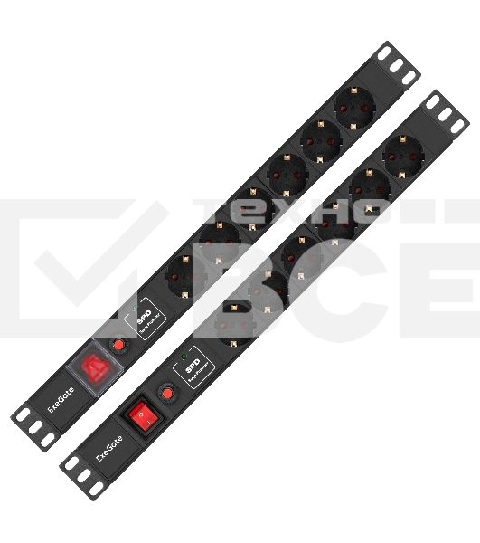 Блок розеток с сетевым фильтром (Surge Protect), защитой от перегрузки, выключателем с подсветкой и разъемом подключения C14 ExeGate ServerPro PDU-19H605 Al-6S-C14-SW-O-SPD1 (19', 1U, Алюминий, 6 Schuko, C14, выкл. с подсветкой, защита от перегрузки, SPD1, черный, RTL)