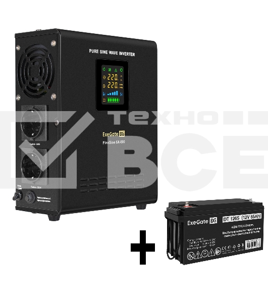 Комплект Источник бесперебойного питания EX295996RUS + батарея 65Aч EX282980RUS 1шт ExeGate FineSine SX-800.LCD.AVR.2SH + батарея ExeGate DT 1265 (12В, 65Ач) 1шт